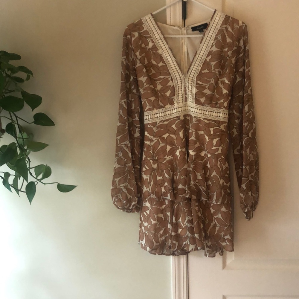 Tan Floral Embroidered Mini Dress